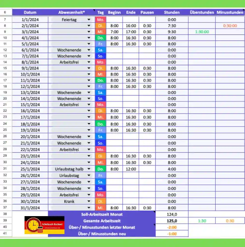 Arbeitszeitrechner Excel neu