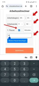 Arbeitszeitrechner, Screenshot Zeiteingaben