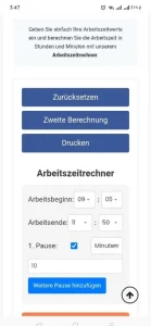 Arbeitszeitrechner, Screenshot Zeiteingaben, zwei