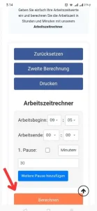 Arbeitszeitrechner, Screenshot Zeiteingaben, drei