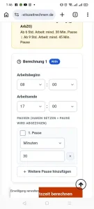 Arbeitszeit-rechner, Screenshot Zeiteingaben, zwei.