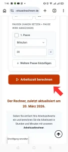 Arbeitszeit rechnerr Screenshot Zeiteingaben zwei