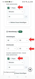 Arbeitszeitrechner, Screenshot Zeiteingaben.